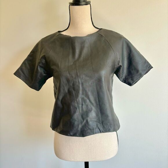 Tibi Black 100%  Leather Short Sleeve Boxy Cropped Shirt Sz M - Picture 2 of 5